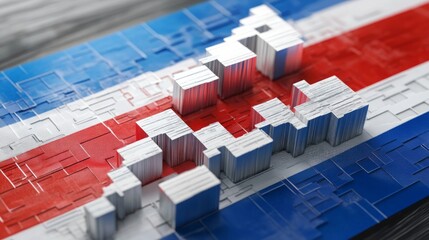 Fototapeta premium Growth of Russian economy. Flag of Russian federation. Arrows symbolize inflation. Boosting economy. Increase in Russia GDP. Rise of Russian financial market. Increase in key rate in Russia. 3d image