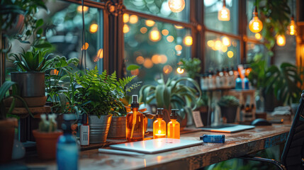 A workspace with hand sanitizer, masks, and social distancing markers, ensuring a safe environment