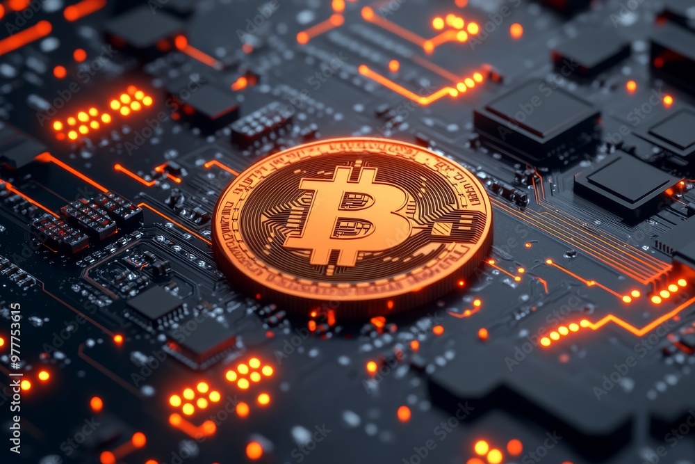 Poster bitcoin coin on circuit board with glowing network reflecting the decentralized nature of digital cu