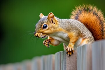 Obraz premium Squirrel balancing on a garden fence, deciding where to go next in its search for food