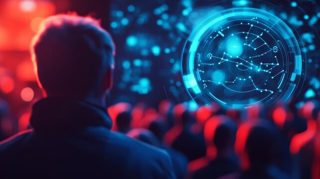 Digital interface showing real-time astrological readings for a crowd, dynamic and interactive