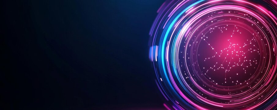 Digital interpretation of a horoscope wheel with animated celestial movements, modern tech