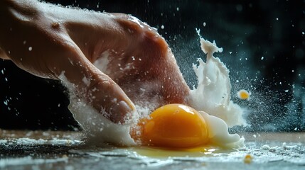 Fototapeta premium Hand Smashing an Egg: A hand smashing a raw egg, with yolk and egg white spilling out. 