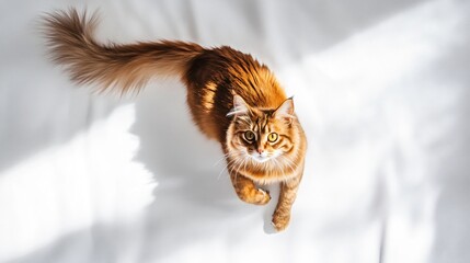 A playful Somali cat with a fluffy tail, captured mid-pounce with soft shadows on a light solid color background