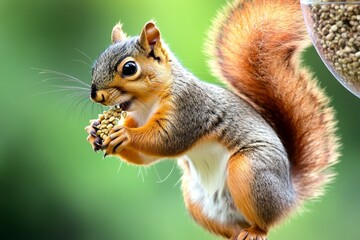 Squirrel dangling from a bird feeder, stealing seeds with a mischievous glint in its eye