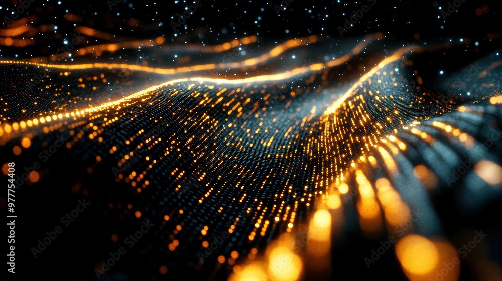 Poster stunning abstract image of vibrant golden waves with sparkling lights creating a mesmerizing digital