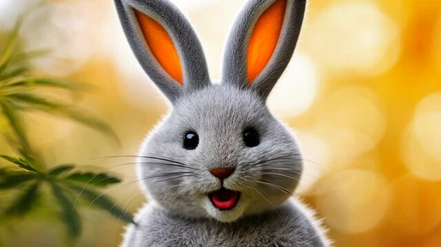 Smiling plush rabbit posing with cannabis leaf in background