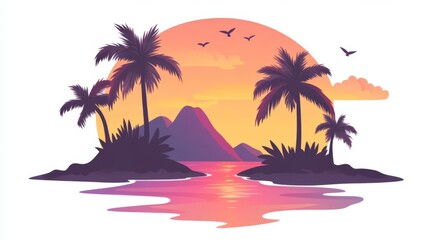 Beautiful tropical sunset illustration with palm trees, mountains, and birds over a serene ocean. Perfect for vacation and nature themes.