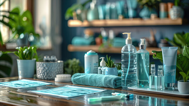 A workspace with hand sanitizer, masks, and social distancing markers, ensuring a safe environment