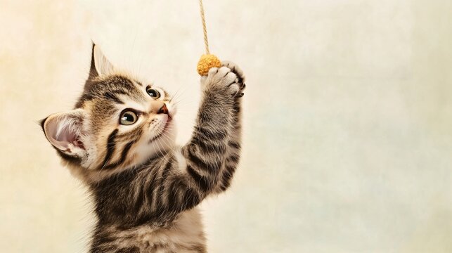 A playful tabby kitten reaching for a dangling toy, showcasing its energetic spirit against a light pastel backdrop