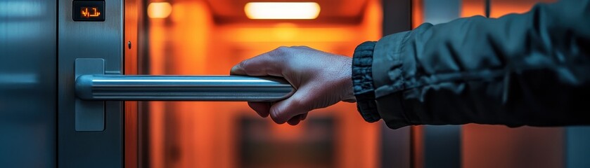 Macro shot of a hand grasping a cold metal push bar on an emergency exit door