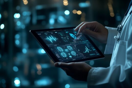 Doctor displays augmented reality medical data on ipad in futuristic laboratory setting