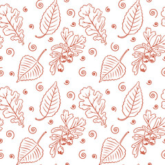 Autumn high contrast seamless pattern with hawthorn, birch tree leaves and berries on white background. Hand drawn contour doodle style. Simple botanical illustration