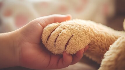 Hand Holding a Stuffed Animal’s Paw: A hand holding the paw of a plush stuffed animal, with a soft-focus nursery in the background. 
