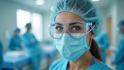 Dedicated healthcare worker in full PPE poses for a focused headshot with caring eyes