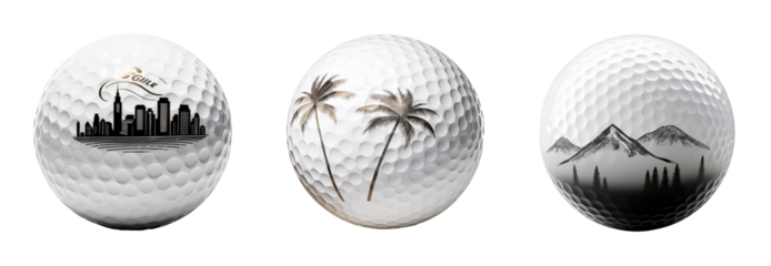 PNG set of 3 golf balls with creative prints: mountains, Palma trees and city. Sport competition advertising idea. Creative product concept.