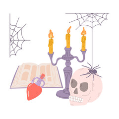 Halloween flat composition of hand drawn related elements. Skull, spider and spider web, poison, candles. Spooky design for Halloween isolated on white background. Vector clipart for decoration