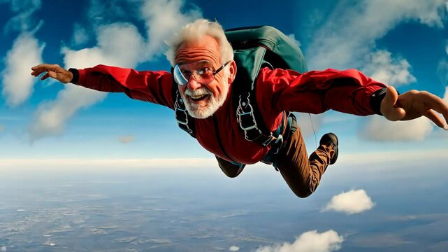 Senior man embracing the thrill of skydiving while celebrating freedom