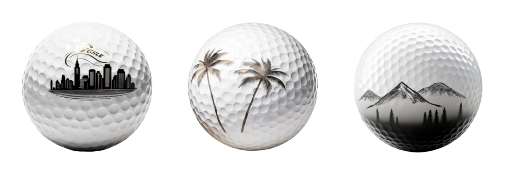 PNG set of 3 golf balls with creative prints: mountains, Palma trees and city. Sport competition advertising idea. Creative product concept. - Powered by Adobe