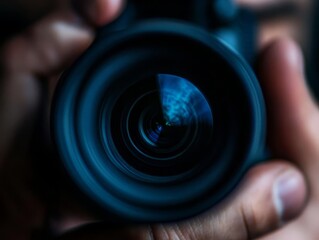 Close-up of a camera lens held by a photographer, showcasing detailed reflections and depth of field in a creative shot.