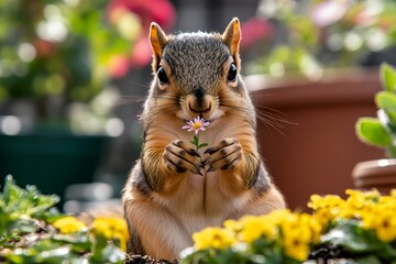 Squirrel holding a tiny flower, appearing to smell it while sitting in a garden