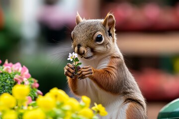 Squirrel holding a tiny flower, appearing to smell it while sitting in a garden