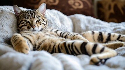 A playful tiger cat lounging on a soft surface, showcasing its unique coat patterns in detail