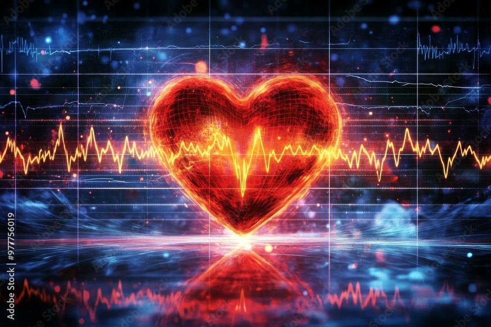 Poster glowing red heart with ekg lines in a futuristic digital environment symbolizing health and technolo