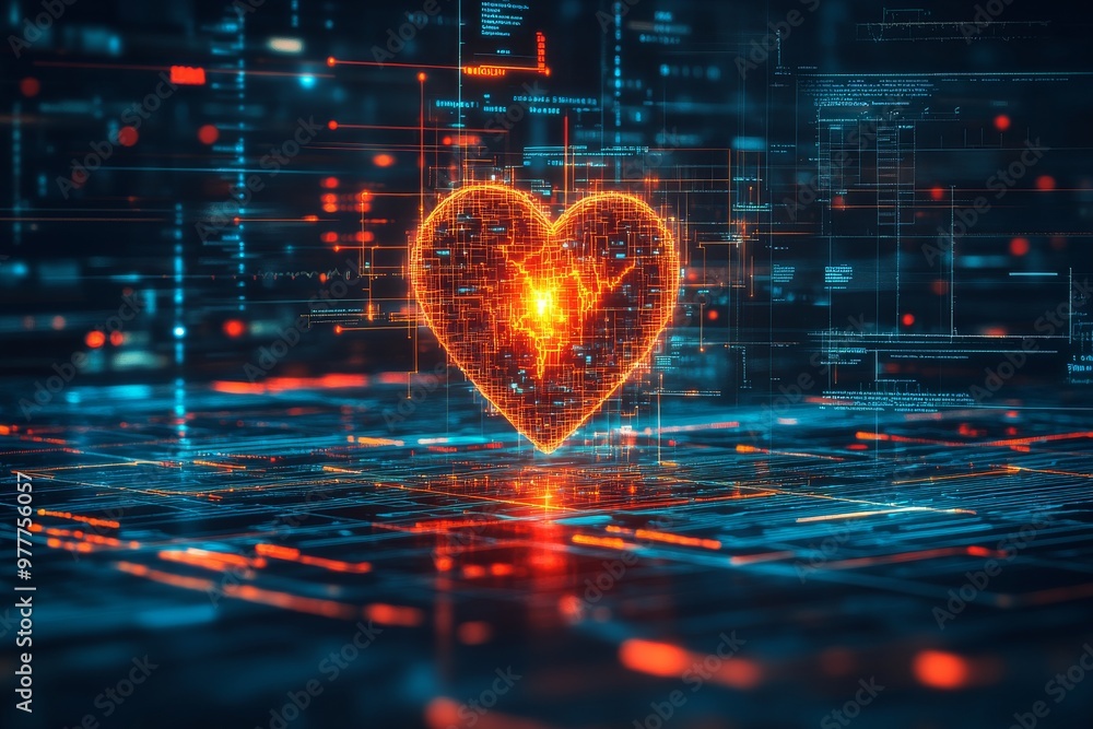 Poster illuminated heart shape with ekg lines and digital data points in a high tech medical environment