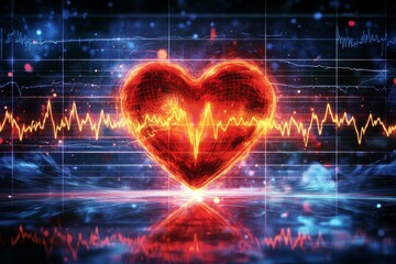 Glowing Red Heart with EKG Lines in a Futuristic Digital Environment Symbolizing Health and Technology Integration