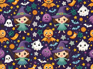 Abstract seamless halloween pattern for girls or boys. Creative vector background with witch, bat, ghost. Funny pattern for textile and fabric. Fashion halloween witch style. Colorful bright picture
