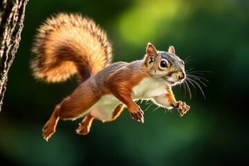 Obraz premium Squirrel leaping from tree to tree in the morning light, showing off its agility