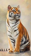 Naklejka premium A majestic tiger cat sitting gracefully, with a blurred light solid color background that highlights its features