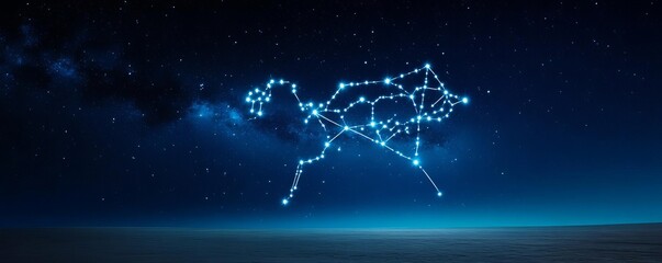 Illustration of zodiac signs made of stars in a deep blue sky, cosmic and ethereal