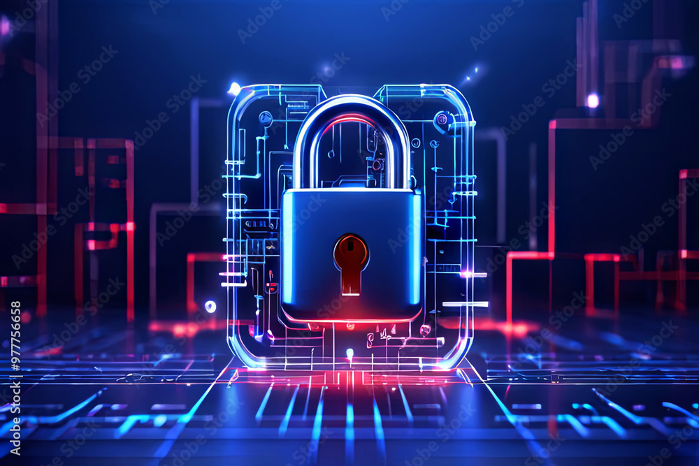 Poster a padlock with a red light and a blue background with a red square in the middle.