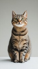 A curious tabby cat sitting gracefully on a minimalistic solid color surface, with its eyes focused on the camera