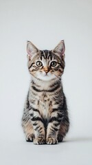 A curious tabby cat sitting gracefully on a minimalistic solid color surface, with its eyes focused on the camera
