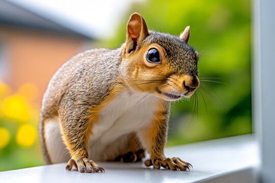 Squirrel perched on a windowsill, peeking into a house, intrigued by the activity inside