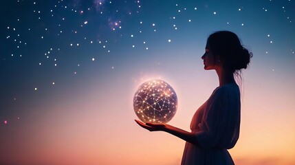 Naklejka premium Mystical woman holding a constellation globe under a starry sky, serene and celestial ambiance