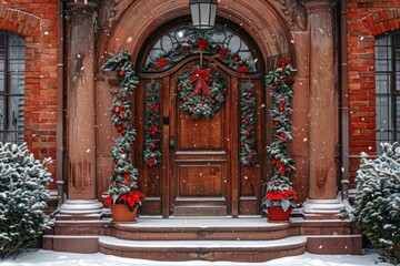 Obraz premium Elegant wooden front door decorated with christmas garland