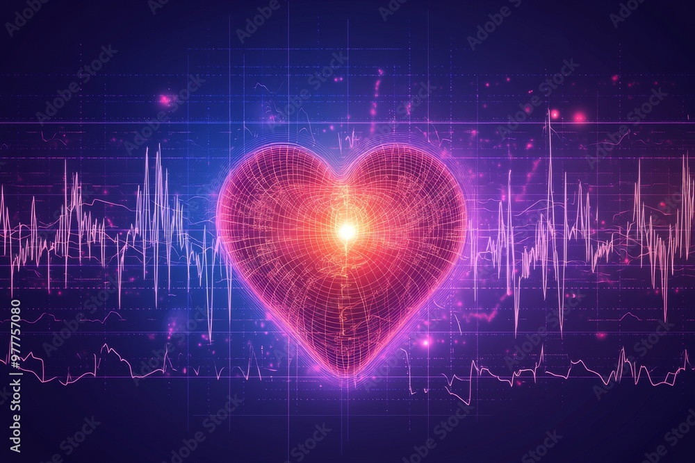 Poster glowing digital heart with medical readout displaying cardiovascular health data in a futuristic int