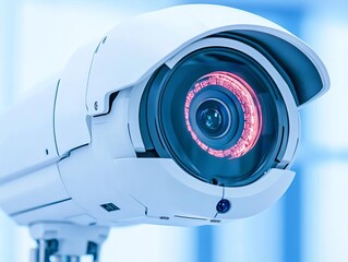 Close-up view of a modern security camera, showcasing advanced technology and sleek design for surveillance systems.