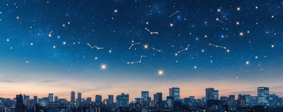 Night sky with zodiac constellations over a cityscape, blending urban and celestial