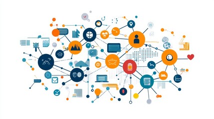 Network diagram illustrating key business elements  analysis, customer service, teamwork, technology