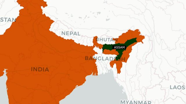 Explore Assam Gateway to Northeast India.Assam map.Assam map animated video. Assam location in India highlighted color with transparent background in video format. Map animation video