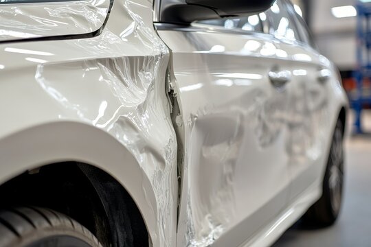 Transformation of a damaged white car before and after auto body repair showcase - Powered by Adobe