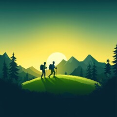 Two hikers exploring a scenic mountain landscape during sunset, surrounded by trees and mountains in a serene atmosphere.