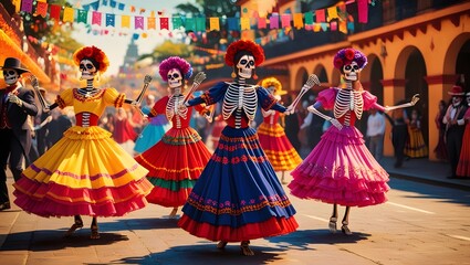 Fototapeta premium A Day of the Dead celebration, with colorful costumes and dancing skeletons, bathed in warm sunlight, perfect for Day of the Dead