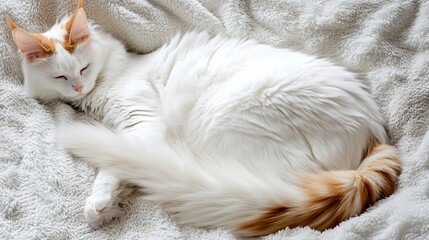 A Turkish Van cat lounging gracefully on a soft blanket, showcasing its unique color pattern and fluffy tail