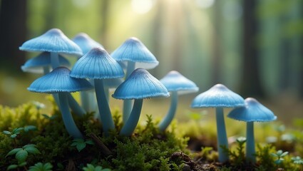 Fototapeta premium Ethereal blue mushrooms in mossy forest sunlight filtering through canopy